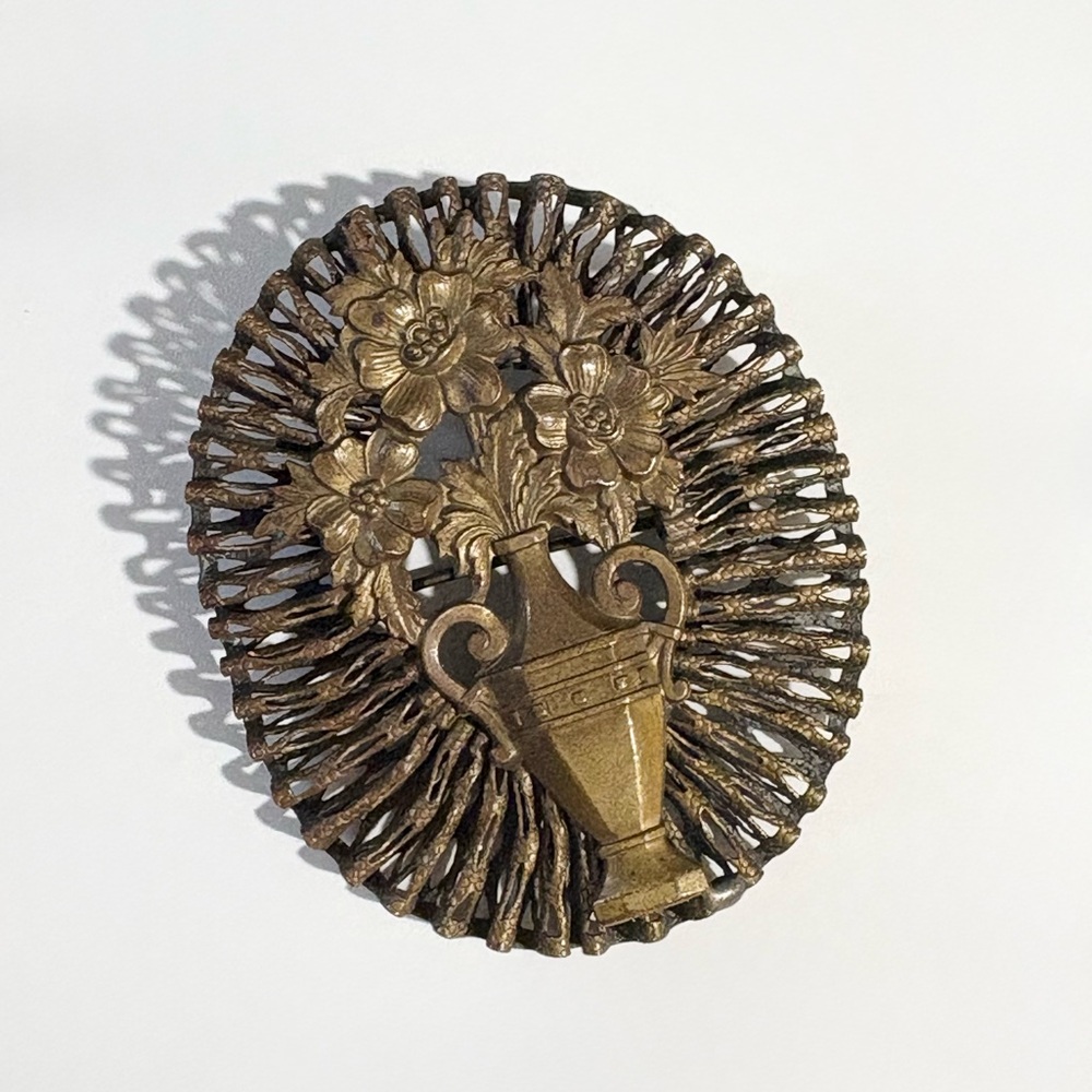 Vintage Filigree Flower Vase Statement Brooch